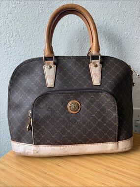 Rioni Brown Patterned Satchel with Tan Trim and Gold Accents